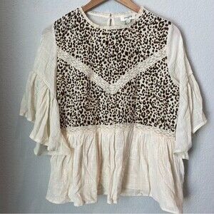 NWT Umgee Cream Animal Print Boho 100% Cotton Blouse - Size M